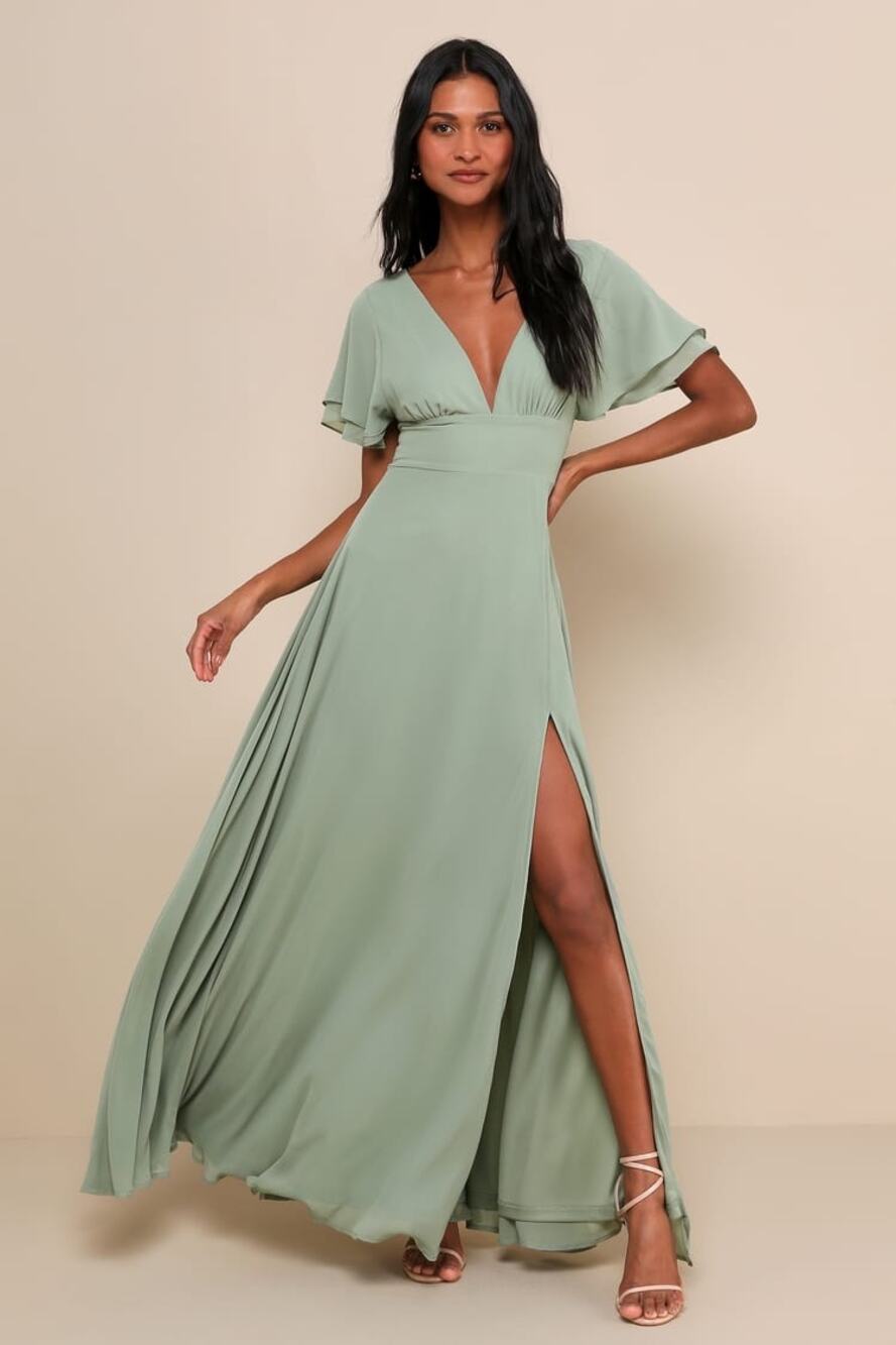 NWT Lulus Promise Of Love Sage Brush Flutter Sleeve Maxi Dress Bridesmaid Size M